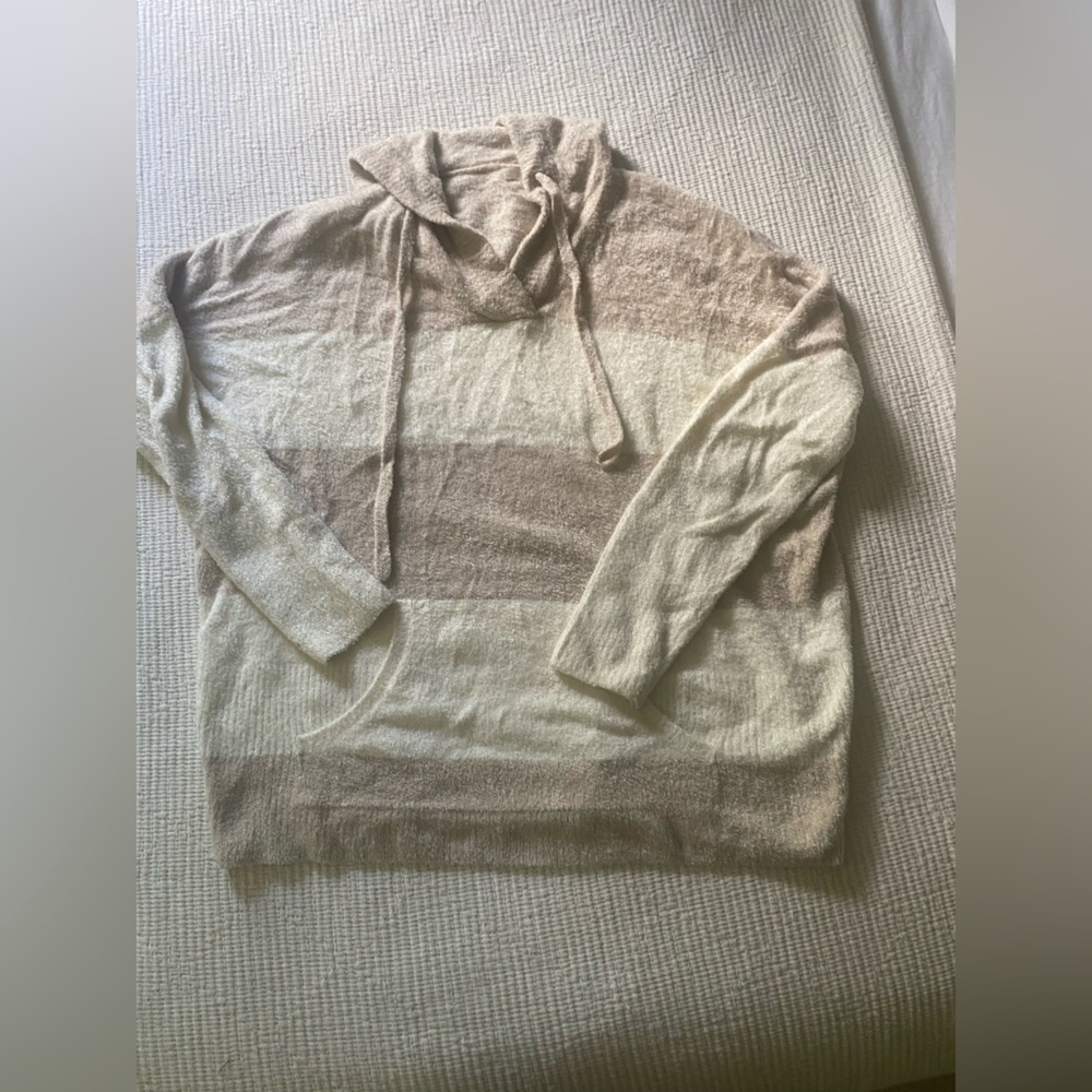 Barefoot Dreams beige and white striped pullover hoodie